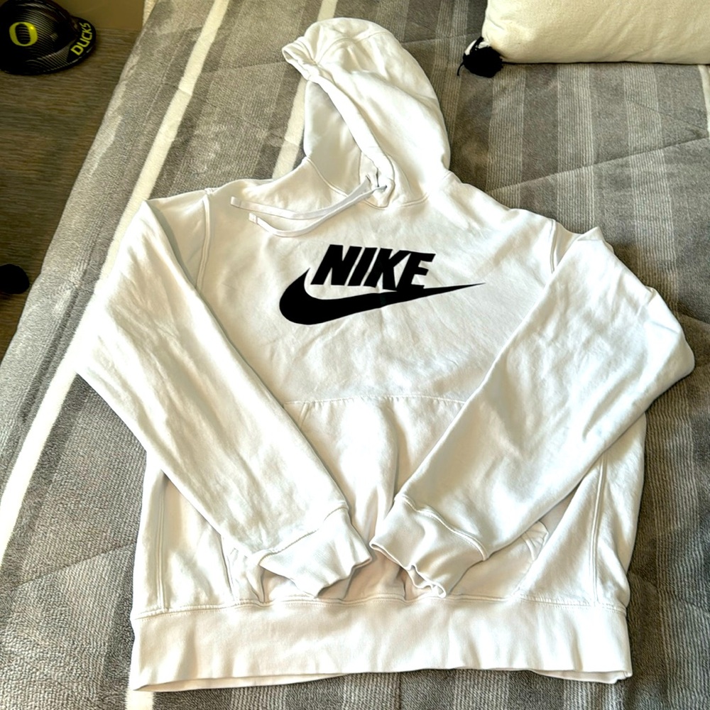 Nike hoodie in white with black.  No stains just gently used condition.